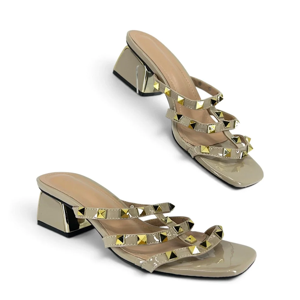 LVOMU Women’s 7 Beige Patent Studded Block Heel Sandals